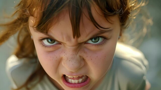 A young girl with her face scrunched up and her eyes wide with rage as she yells at someone, Close Up of a Child With Blue Eyes