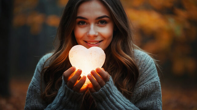 Mental health in Autumn season. Fall happy mood, positive emotions as a remedy for autumn depression. Autumn photo of happy beautiful girl holding glow heart shape in hands.

