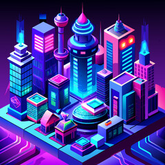 3d illustration of a futuristic city with neon lights