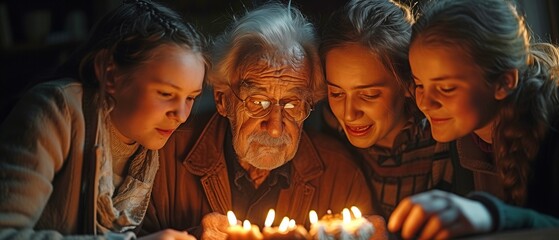 An elderly man lights his birthday candles with his loved ones. - Powered by Adobe