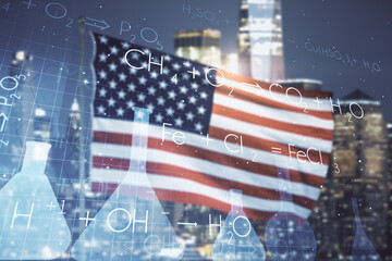 Double exposure of abstract virtual chemistry hologram on USA flag and blurry skyscrapers background, research and development concept