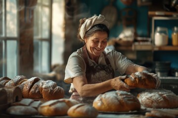 Cheerful female baker working at  shop 