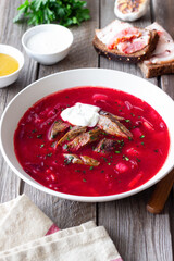 Traditional Ukrainian borscht with meat. Soup. Ukrainian cuisine.