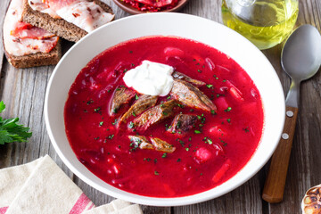 Traditional Ukrainian borscht with meat. Soup. Ukrainian cuisine.