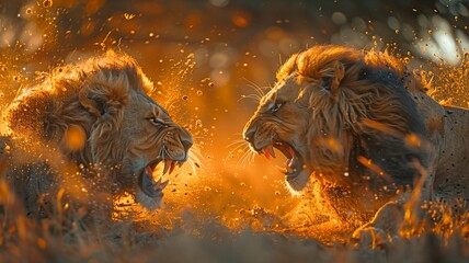 A battle breaks out between two Panthera leo lions.