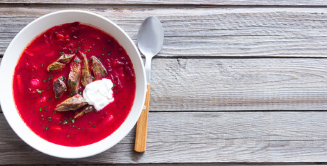 Traditional Ukrainian borscht with meat. Soup. Ukrainian cuisine.
