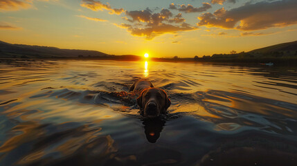 The dog swimming in a lake. With sunset.