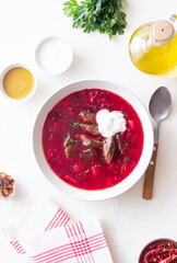 Traditional Ukrainian borscht with meat. Soup. Ukrainian cuisine.