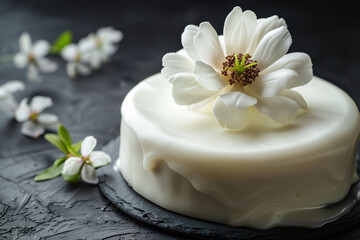 An exquisite cake featuring smooth white icing and a delicate, realistic sugar magnolia flower. 