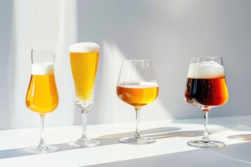 glasses with different beers on a white background.