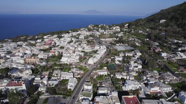 Main road of Anacapri town in Capri Italian island. Aerial view