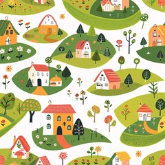 A vibrant and colorful village scene with a mix of houses, flowers, and trees Generative AI