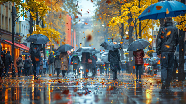 The flow of people with umbrellas on a pedestrian.