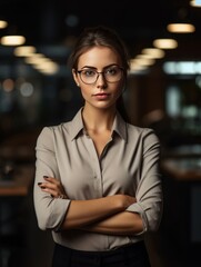 Shot of an attractive young businesswoman wearing an eyeglass standing alone in the office with her arms folded during a late shift