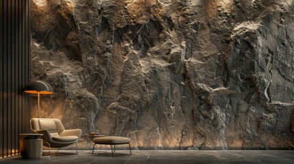 Modern interior background, natural rock wall, 3d rendering. Generative Ai