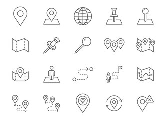 Location line icon set. Map pin, gps signal, route, distance marker, outline vector illustration. Simple linear pictogram for navigation. Editable Stroke