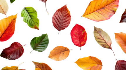 Top-down view of different colored leaves isolated on transparent and white background.PNG image