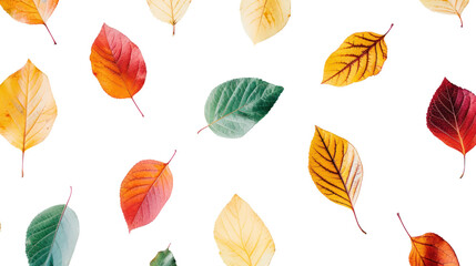Top-down view of different colored leaves isolated on transparent and white background.PNG image