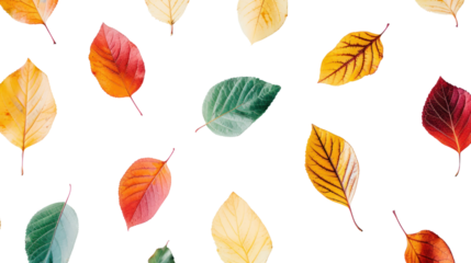 Top-down view of different colored leaves isolated on transparent and white background.PNG image