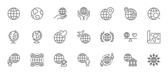 Globe line icon set. Map pin, planet earth, global business, round the world travel, teamwork outline vector illustration. Simple linear pictogram for oversea. Editable Stroke - 739741173