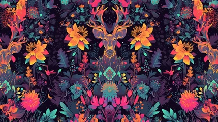 Foto op Canvas Flower Power A Vibrant Tie-Dye of Wildflowers and Deer Generative AI © Riya