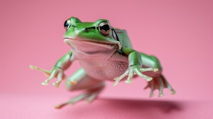 Green Tree Frog on a Vibrant Pink Background