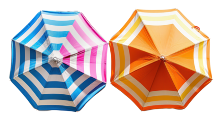 two colorful beach umbrella  isolated on transparent and white background.PNG image