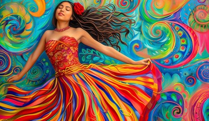 Fiery Fiesta A Vibrant Vision of a Woman in a Colorful Dress Generative AI