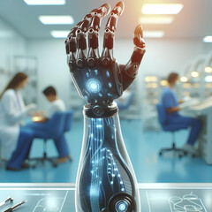 patient tries on bionic prosthetic arm isolated on blurred clinic background