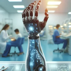 Fotobehang patient tries on bionic prosthetic arm isolated on blurred clinic background © Oleksiy