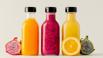  Three bottles of exotic fruit juices with black caps, including dragon fruit, guava, and lychee, isolated on a white background, showcasing the unique colors and textures of each juice