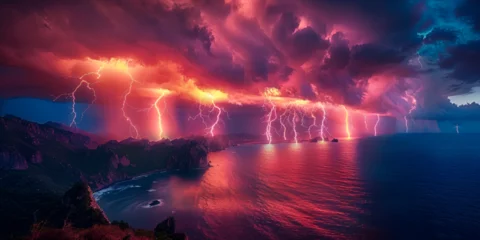 Fotobehang Tornado disaster, stormy night over sea with lightning This is a 3D illustration of Lake Maracaibo, lightning capital of the world. © zahida