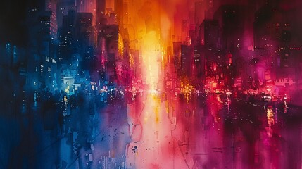 Neon Cityscape A Vibrant Pink and Blue Painting of a City at Night Generative AI