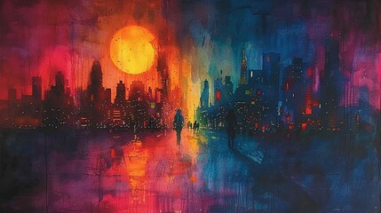 Sunset in the City A Vibrant Painting of a Rainy Night in the City Generative AI
