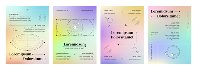 Poster and banner template in y2k style with pastel fluid colors gradient background and simple geometric grad line elements. Vector set of design layout with hologram rainbow effect and typography.