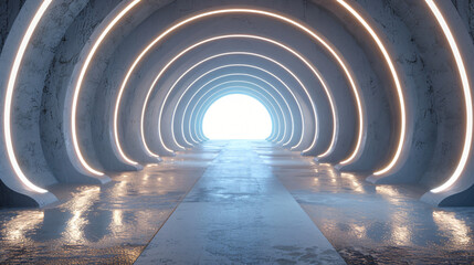 The rail tunnel with light illuminated in the end.
