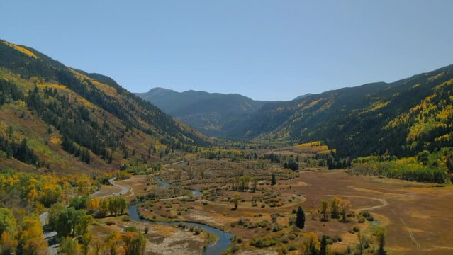 Roaring Fork River Valley North Star Nature Preserve Independence Pass Devils punchbowl Colorado summer fall autumn aerial drone cinematic Aspen Snowmass Ashcroft beautiful bluesky sunny forward