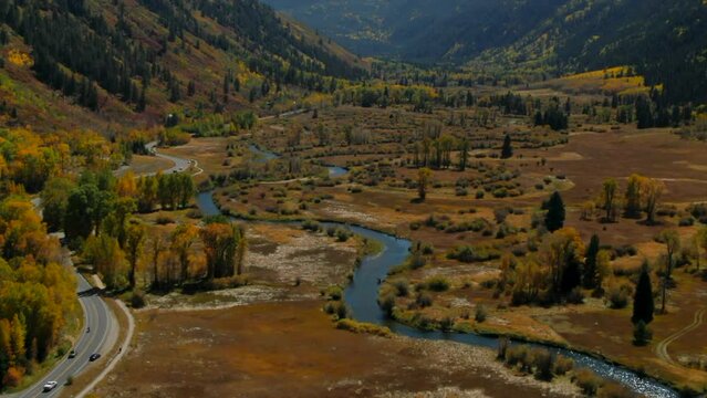 Roaring Fork River Valley North Star Nature Preserve Independence Pass Devils punchbowl Colorado summer fall autumn aerial drone cinematic Aspen Snowmass Ashcroft  bluesky backwards upward pan slowly