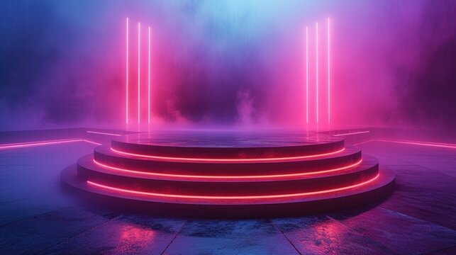Neon Pink Light Installation on Futuristic Circular Platform