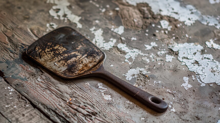 Old spatula on a peeling wooden surface.