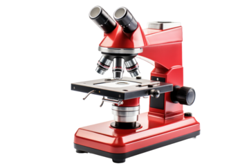 Close Up of Microscope. A detailed closeup view of a microscope. on a White or Clear Surface PNG Transparent Background.