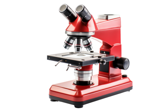 Close Up of Microscope. A detailed closeup view of a microscope. on a White or Clear Surface PNG Transparent Background.