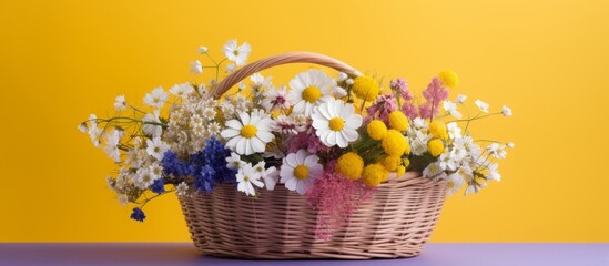 Obraz na płótnie Canvas spring flowers in traditional basket on a yellow background. a basket of flowers on a yellow background