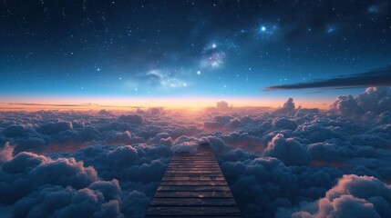 Starry Sky Above Clouds and Wooden Pier - obrazy, fototapety, plakaty