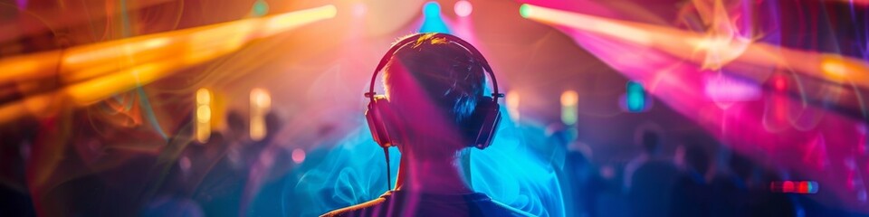 A bright multi-colored image of a man wearing headphones in a nightclub. Modern pop music, male DJ.