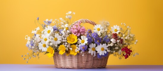 Fototapeta na wymiar spring flowers in traditional basket on a yellow background. a basket of flowers on a yellow background