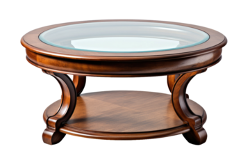 Wooden Table With Glass Top. A wooden table with a transparent glass top, creating a sleek and modern surface for various activities. on a White or Clear Surface PNG Transparent Background.