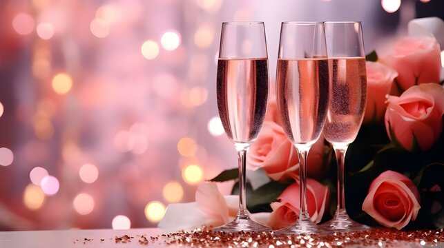The image features three glasses of champagne with pink roses in the background. The glasses are full and the roses are in full bloom. The background is blurred and there is glitter on the table.
