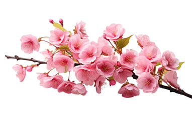 Obraz premium A Branch of Pink Flowers With Green Leaves. This photo captures a branch adorned with beautiful pink flowers and vibrant green leaves. on a White or Clear Surface PNG Transparent Background.
