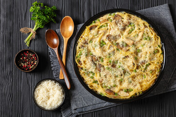 baked chicken tetrazzini in baking dish, top view